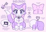  &lt;3 domestic_cat english_text felid feline felis female fur hi_res key living_toy locket mammal model_sheet plushie purple_body purple_fur solo text toy yakkotsuki 