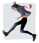  1boy black_footwear black_hair black_pants blue_eyes border closed_mouth commentary_request from_side full_body goh_(pokemon) grey_background grey_shirt highres holding holding_poke_ball male_focus pants poke_ball poke_ball_(basic) pokemon pokemon_(anime) pokemon_journeys red_socks rei_hinketsu shirt shoes short_sleeves sideways_glance smile socks solo white_border 