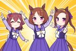  &gt;:) 3girls ^_^ animal_ears arm_up arms_up blush bow brown_hair closed_eyes closed_mouth commentary_request emphasis_lines facing_viewer finger_gun flower forehead gradient_background hair_between_eyes hair_flower hair_ornament highres horse_ears horse_girl horse_tail long_hair long_sleeves multiple_girls pakatube pink_flower pleated_skirt polka_dot polka_dot_background ponytail puffy_long_sleeves puffy_sleeves purple_flower purple_shirt purple_skirt sakura_bakushin_o_(umamusume) sakura_chiyono_o_(umamusume) sakura_laurel_(umamusume) school_uniform shirt skirt smile swept_bangs tail takiki tracen_school_uniform umamusume v-shaped_eyebrows very_long_hair white_background white_bow yellow_background 