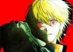  1other androgynous blonde_hair blue_tabard chain crystal_earrings earrings hunter_x_hunter jewelry kurapika multiple_rings nen_(hunter_x_hunter) red_background red_eyes ring short_hair simple_background solo sr_draw tabard upper_body 