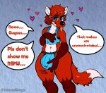  &lt;3 anthro ball_fondling balls blue_eyes bodily_fluids canid canine clothed clothing dialogue fondling fox fur genitals hair hand_on_balls hand_on_chest hi_res homodogo jockstrap male mammal red_body red_fur red_hair shy solo tears teasing tongue tongue_out topwear tube_top underwear 