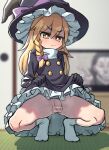  1boy absurdres bar_censor black_coat black_gloves black_headwear black_skirt blonde_hair bo_(bocky0w0) bow braid bright_pupils buttons censored clothes_lift coat commentary_request cookie_(touhou) crossdressing flaccid foreskin frilled_skirt frills full_body genderswap genderswap_(ftm) gloves hair_between_eyes hair_bow hat hat_bow highres indoors kirisame_marisa long_bangs long_hair looking_at_viewer male_focus no_shoes otoko_no_ko penis phimosis pointless_censoring purple_bow rei_(cookie) shirt shouji single_braid skirt skirt_lift sliding_doors socks solo squatting steaming_body sweat tatami testicles touhou turtleneck v-shaped_eyebrows white_pupils white_shirt witch_hat yellow_eyes 