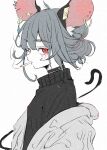  1girl alternate_costume animal_ears black_shirt blush deal360acv earrings from_side grey_hair highres jewelry mouse_ears mouse_tail nazrin red_eyes shirt short_hair simple_background solo tail touhou upper_body white_background 