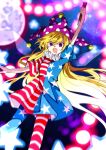  1girl american_flag_dress blonde_hair clownpiece commentary dress full_moon hat highres jester_cap long_hair looking_at_viewer moon neck_ruff one-hour_drawing_challenge polka_dot_headwear purple_eyes purple_headwear short_sleeves solo souko_illust star_(symbol) star_print striped striped_dress touhou very_long_hair 