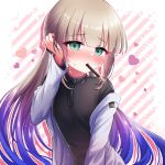  1boy black_undershirt blunt_bangs blush captain_nemo_(fate) choppy_bangs embarrassed fate/grand_order fate_(series) food hair_tucking heart jacket light_brown_hair long_hair long_sleeves low_twintails mouth_hold nemo_(fate) otoko_no_ko pocky pocky_kiss shell_ocean twintails white_jacket 