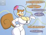  anthro big_breasts breasts brown_body cleavage clothed clothing dialogue female hi_res huge_breasts mammal mklancer00 nickelodeon rodent sandy_cheeks sciurid spongebob_squarepants tree_squirrel 