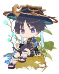  1boy animal animal_ears artist_name belt black_belt black_footwear black_fur black_gloves black_hair black_shirt black_shorts black_socks blue_cape blue_flower blue_gemstone blue_headwear blunt_ends branch cape cat cat_ears cat_tail chibi chinikuniku closed_eyes closed_mouth dated eyeshadow fingerless_gloves flower gem genshin_impact gloves gold_trim hand_up hat jewelry jingasa leaf leg_warmers looking_down lying lying_on_person makeup on_stomach open_clothes open_vest parted_bangs purple_belt purple_eyes red_eyeshadow ring sandals scaramouche_(cat)_(genshin_impact) scaramouche_(genshin_impact) shirt short_hair short_sleeves shorts simple_background sitting sleeping sleeveless sleeveless_shirt socks tail vest vision_(genshin_impact) wanderer_(genshin_impact) watermark white_background white_flower white_vest 