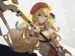  1girl agnes_claudel belt beret blonde_hair blue_eyes coat commentary_request double-parted_bangs eiyuu_densetsu grey_background hair_between_eyes hair_bun hat kuro_no_kiseki long_hair looking_at_viewer red_headwear red_shirt shirt sidelocks single_side_bun smile solo staff white_coat youmicitrustea 