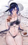  1girl absurdres alternate_costume beach bikini black_bikini black_headwear blush breasts clorinde_(genshin_impact) collarbone commentary_request croissant earrings food genshin_impact hair_between_eyes hat highres holding holding_food jewelry long_hair looking_at_viewer macaron medium_breasts multicolored_hair navel parted_lips purple_eyes qiandaiyiyu sitting solo swimsuit thighs two-tone_hair wet wet_clothes wet_swimsuit 
