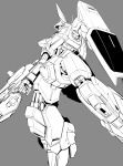  absurdres arm_shield barzam grey_background greyscale gun gundam highres holding holding_gun holding_weapon ishiyumi lineart looking_ahead mecha mobile_suit monochrome no_humans one-eyed radio_antenna robot science_fiction solo weapon zeta_gundam 