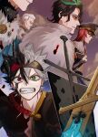  ahoge asta_(black_clover) black_bulls_(emblem) black_clover black_hair clenched_teeth closed_mouth conrad_leto edward_avalache gen_me green_eyes grey_hair heterochromia highres horns jester_garandros light_smile looking_at_viewer multicolored_hair parted_lips princia_funnybunny red_eyes single_horn spiked_hair sword teeth weapon 