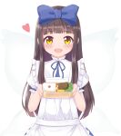  1girl :d alternate_costume apron blue_bow blunt_bangs blush bow box brown_hair commentary_request enmaided fairy_wings food frills hair_bow hands_up happy heart holding holding_box holding_food long_hair looking_at_viewer maid open_mouth p.w. puffy_short_sleeves puffy_sleeves rice short_sleeves sidelocks simple_background smile solo star_(symbol) star_print star_sapphire straight-on touhou upper_body very_long_hair white_apron white_background wings yellow_eyes 