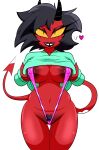  absurd_res black_hair bodily_fluids breasts clothed clothing demon demon_humanoid female genital_fluids hair helluva_boss hi_res horn humanoid imp millie_(helluva_boss) nipples open_mouth open_smile partially_clothed pubes pussy_juice red_body smile solo tail teeth thick_thighs wallyroo 