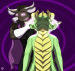  absurd_res anthro bovid bovine cape cattle clothing dragon dreadlocks duo harikuran hi_res kyro_(disambiguation) magic male male/male mammal mind_break orynn separation_(layout) 