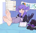  1girl barefoot black_sweater blue_eyes commentary fang feet feet_on_table foot_focus hair_wings heterochromia highres looking_at_viewer medium_hair nijisanji nijisanji_en open_mouth pants pink_eyes price_list purple_hair purple_pants selen_tatsuki shoes shoes_removed sign skin_fang smile socks_removed softhanten soles solo sweat sweater table toes twitter_username virtual_youtuber 