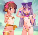  1.0-tan 2girls 3.1-tan :d bikini blunt_bangs bow breasts bridal_garter brown_eyes brown_hair cleavage closed_mouth cowboy_shot flower gold_bikini hair_bow hairband hands_up highres hime_cut legs_apart legs_together light_purple_hair long_hair looking_at_viewer multiple_girls navel neck_ribbon open_mouth os-tan pink_flower purple_bow purple_eyes purple_pupils purple_ribbon red_pupils ribbon short_hair small_breasts smile split_mouth standing swimsuit tsukiyono_aroe yellow_flower yellow_hairband 