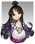  1girl absurdres ace_attorney bead_necklace beads black_eyes black_hair gradient_background grey_background hair_beads hair_ornament highres hoai_vu jewelry long_hair magatama magatama_necklace maya_fey necklace solo topknot 