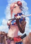  1girl american_flag_bikini asymmetrical_gloves asymmetrical_hair belt bikini blue_eyes breasts brown_belt brown_gloves bun_cover closed_mouth cloud elbow_gloves fate/grand_order fate_(series) fingerless_gloves flag_print gloves gunblade hair_bun head_tilt highres large_breasts leather leather_gloves long_hair looking_at_viewer miyamoto_musashi_(fate) miyamoto_musashi_(swimsuit_berserker)_(fate) miyamoto_musashi_(swimsuit_berserker)_(second_ascension)_(fate) navel outdoors over_shoulder pink_hair print_swimsuit rock shrug_(clothing) single_elbow_glove single_hair_bun single_side_bun single_sidelock sky solo swimsuit sword sword_over_shoulder tesin_(7aehyun) uneven_gloves upper_body weapon weapon_over_shoulder 