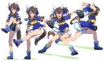  1girl absurdres animal_ears ball baseball baseball_mitt bead_bracelet beads belt blue_footwear blue_hair blue_shirt boots bracelet breasts brown_hair closed_mouth clothing_cutout colored_inner_hair constricted_pupils cutoffs daitaku_helios_(umamusume) ear_covers fang full_body hair_ornament hairclip highres holding holding_ball horse_ears horse_girl jewelry long_hair looking_afar midriff_peek motion_blur multicolored_hair multiple_views necklace nishiki_kazue open_mouth parted_lips pitching sequential shadow shirt short_shorts short_sleeves shorts side_ponytail small_breasts smile standing standing_on_one_leg streaked_hair tied_shirt umamusume v-shaped_eyebrows white_background white_shorts wristband yellow_eyes 