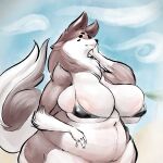  2022 5_fingers anthro areola areola_slip arm_tuft big_breasts bikini bikini_top bottomless breasts canid canine canis clothed clothing cloud curvy_figure day deep_navel female fingers fur hi_res huge_breasts mammal multicolored_body multicolored_fur navel neck_tuft outside overweight overweight_female piilsud red_body red_fur ria_(piilsud) sand sky smile solo swimwear tuft two_tone_body two_tone_fur voluptuous wolf 
