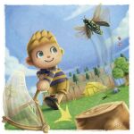  1boy animal_crossing balloon black_footwear blonde_hair blue_sky border bug butterfly_net cicada cloud english_commentary gift giulliano_kenzo green_eyes hand_net highres holding holding_butterfly_net male_focus pine_tree pitfall rock shirt short_hair shorts signature sky smile striped striped_shirt tent tree tree_stump villager_(animal_crossing) water waterfall white_border yellow_shorts 