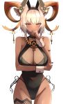  1girl 360_(taiyo360) absurdres adapted_costume animal_ears ankh_necklace arknights black_nails bow bowtie breasts carnelian_(arknights) carnelian_(shimmering_dew)_(arknights) clothing_cutout dark-skinned_female dark_skin fishnet_thighhighs fishnets heart highres horns large_breasts navel navel_cutout nontraditional_playboy_bunny rabbit_ears red_eyes thighhighs white_background white_hair wrist_cuffs 