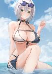  1girl bare_shoulders bikini bikini_skirt blue_sky breasts choker cloud commentary day eyewear_on_head green_eyes grey_hair grin hand_up haro_art highres hololive large_breasts looking_at_viewer navel ocean outdoors shirogane_noel short_hair sitting sky smile solo stomach strap_gap sunglasses swimsuit symbol-only_commentary virtual_youtuber water wet 