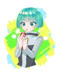  1girl :o blush commentary_request eyelashes green_eyes green_hair grey_shirt hands_up holding holding_poke_ball logo long_sleeves open_mouth poke_ball poke_ball_(basic) pokemon pokemon_(game) pokemon_dppt shirt short_hair solo swkn4778 team_galactic team_galactic_grunt team_galactic_uniform upper_body vest 