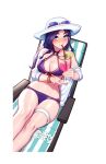  1girl bare_shoulders bikini black_hair blush blushyspicy bracelet breasts caitlyn_(league_of_legends) cleavage cup drinking_straw drinking_straw_in_mouth holding holding_cup jewelry large_breasts league_of_legends long_hair navel purple_bikini shiny_skin shirt sitting smile stomach sunglasses swimsuit thighlet white_headwear white_shirt 