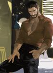  1boy bara beard_stubble black_hair chest_hair collared_shirt feet_out_of_frame horikwawataru large_pectorals looking_to_the_side male_focus mature_male muscular muscular_male original painterly pants partially_unbuttoned pectoral_cleavage pectorals shirt short_hair solo thick_eyebrows unfinished 