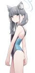  1girl absurdres animal_ear_fluff animal_ears blue_archive blue_eyes blush breasts competition_swimsuit cross_hair_ornament earrings grey_hair hair_ornament halo highres hwoi_(hw_123) jewelry looking_at_viewer looking_to_the_side official_alternate_costume one-piece_swimsuit ponytail shiroko_(blue_archive) shiroko_(swimsuit)_(blue_archive) simple_background small_breasts solo stud_earrings swimsuit two-tone_one-piece_swimsuit white_background wolf_ears 