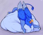  after_vore ass_up avian beak blue_body blue_feathers blue_fur burping digestion feathers feral feral_pred fur gryphon hi_res huge_belly immobile male male_pred muffin_(thatgryphonguy) mythological_avian mythology simple_background thatgryphonguy vore wings 