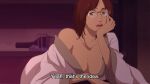  1girl bottle breasts brown_eyes brown_hair collarbone commentary english_commentary english_text glasses hange_zoe hanpetos head_rest medium_breasts off_shoulder parody scene_reference shingeki_no_kyojin shouwa_genroku_rakugo_shinjuu solo subtitled upper_body 