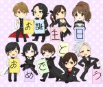  3girls 6+boys bangs black_coat black_dress black_hair black_shirt blue_eyes boots brown_hair chibi coat congratulations crow_(garo) dougai_ryuuga dress garo_(series) garo_gold_storm_flight_(series) garo_the_flower_of_hell_(series) jinga_(garo) kagome_(garo) mayuri_(garo) multiple_boys multiple_girls nashirasauce necktie open_clothes open_coat open_mouth purple_eyes red_eyes rekka_(garo) saejima_kouga saejima_raiga shirt side_ponytail smile suzumura_rei white_coat white_hair zero_dragon_blood_(series) 