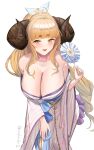  1girl absurdres ahoge anila_(granblue_fantasy) anila_(yukata)_(granblue_fantasy) bare_shoulders blonde_hair blunt_bangs bow breasts cleavage collarbone draph granblue_fantasy hand_fan highres hikimayu holding holding_fan horns huge_breasts japanese_clothes kimono long_hair looking_at_viewer nakonbu off_shoulder open_mouth sheep_horns short_eyebrows smile striped striped_kimono vertical-striped_kimono vertical_stripes white_bow wide_sleeves yellow_eyes yukata 