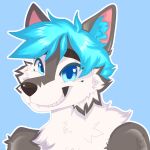  anthro blue_eyes blue_hair canid canine canis digital_media_(artwork) floralwhite fur grey_body grey_fur hair hi_res kro_(character) male mammal simple_background smile solo teeth teeth_showing white_body white_fur wolf 