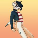  anthro background_character black_hair canid canid_demon canine canis clothing collar cropped_jacket dalmatian demon domestic_dog gynomorph hair hellhound helluva_boss hi_res intersex invisible_prop mammal pantsless pattern_clothing solo striped_clothing stripes tail yuzu_zuzu 