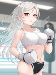  1girl absurdres alternate_costume blush boxing boxing_gloves boxing_ring breasts brown_eyes buruma conte_di_cavour_(kancolle) cowboy_shot dangan_kurabu grey_hair gym highres kantai_collection large_breasts long_hair looking_at_viewer navel open_mouth punching_bag solo sports_bra sportswear training white_sports_bra 