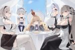  5girls absurdres arm_support azur_lane between_breasts black_dress blonde_hair blue_dress blue_eyes breasts cake clothing_cutout crossed_legs crown cup dido_(azur_lane) dress flat_chest food formidable_(azur_lane) gloves gothic_lolita grey_hair hairband hands_on_own_cheeks hands_on_own_face highres large_breasts leaning_forward little_bel_(azur_lane) lolita_fashion long_hair lump_saury maid maid_headdress mini_crown multiple_girls one_side_up purple_eyes queen_elizabeth_(azur_lane) red_eyes saucer short_hair sirius_(azur_lane) sitting sketch standing teacup twintails underboob_cutout very_long_hair white_gloves 