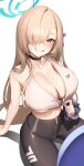  asuna_(blue_archive) blue_archive blue_eyes breasts cleavage hair_over_one_eye halo highres large_breasts light_brown_hair mole mole_on_breast pantyhose rkin undressing unzipping white_background 