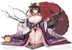  1girl ? azur_lane bare_shoulders breasts brown_hair cleavage cow_girl cow_horns feifeifeihai full_body highres holding horns huge_breasts instrument japanese_clothes kashino_(azur_lane) kashino_(robust_floral_strings)_(azur_lane) kimono kneeling long_hair long_sleeves looking_at_viewer manjuu_(azur_lane) navel official_alternate_costume official_art oil-paper_umbrella purple_kimono shamisen solo umbrella very_long_hair wide_sleeves 