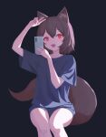  1girl :d absurdres animal_ear_fluff animal_ears black_background black_panties black_shirt brown_hair cellphone ellu highres invisible_chair looking_at_viewer no_pants open_mouth original panties phone red_eyes shirt short_hair short_sleeves simple_background sitting smartphone smile tail underwear v 