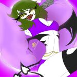  2022 black_wings breasts clothing criss09944084 crossgender demon digital_drawing_(artwork) digital_media_(artwork) empty_eyes female green_hair hair helluva_boss humanoid mammon_(helluva_boss) mtf_crossgender open_mouth purple_clothing solo white_body white_skin wings yellow_eyes 