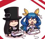  1girl 1other arcade_stick ascot blue_hair chibi closed_eyes controller dizzy_(guilty_gear) game_controller guilty_gear guilty_gear_strive hair_ribbon hat hat_ornament highres joystick kujikawaii o_o ribbon skull skull_hat_ornament smile testament_(guilty_gear) top_hat white_ascot wings 