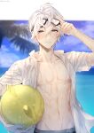  1boy alchemy_stars ball beachball closed_mouth day goggles goggles_on_head hair_between_eyes highres holding holding_ball looking_at_viewer male_focus navigator_(alchemy_stars) nipples open_clothes open_shirt outdoors shirt sky solo sonomi toned toned_male twitter_username wet wet_clothes wet_hair white_hair white_shirt 