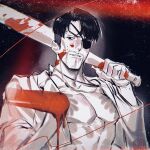  1boy baseball_bat blood blood_on_face eyepatch facial_hair highres holding holding_baseball_bat long_sleeves looking_at_viewer majima_gorou male_focus naijarski open_clothes open_shirt pectorals ryuu_ga_gotoku_(series) ryuu_ga_gotoku_0 shirt simple_background solo toned toned_male upper_body 