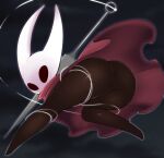  2023 anthro arthropod black_body blush bottomless butt clothed clothing female genitals hollow_knight hornet_(hollow_knight) insect looking_at_viewer looking_back looking_back_at_viewer lurkin pussy simple_background solo team_cherry 