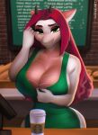  2023 anthro aozee apron big_breasts breasts clothing container cup digital_media_(artwork) dragon female green_clothing green_topwear hi_res lidded_eyes looking_at_viewer menu_board product_placement smile solo starbucks topwear wingless_dragon 