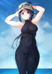  1girl arm_behind_head armpits artist_name ass_visible_through_thighs bare_arms bare_shoulders black_wetsuit blue_hair blue_sky blurry blurry_background blush bodysuit breasts closed_mouth cloud commentary covered_nipples cowboy_shot day diving_mask diving_mask_on_head diving_suit goggles goggles_on_head high_ponytail highres long_hair looking_at_viewer love_live! love_live!_sunshine!! matsuura_kanan medium_breasts ocean outdoors parted_bangs ponytail purple_eyes sideboob sidelocks signature skin_tight sky sleeveless sleeveless_bodysuit smile solo sparkle standing sunlight thigh_gap unsfrau very_long_hair wet wetsuit 