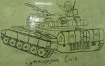  cyrillic highres mathias_trihadi_martha military military_uniform military_vehicle monochrome motor_vehicle original star_(symbol) t-80 tank uniform whiteboard_(medium) 